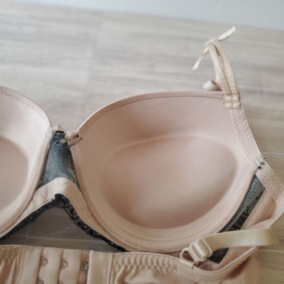 Jezebel B5030 Padded Push Up Bra 34B Nude Black Stitch Bows - Picture 10 of 13